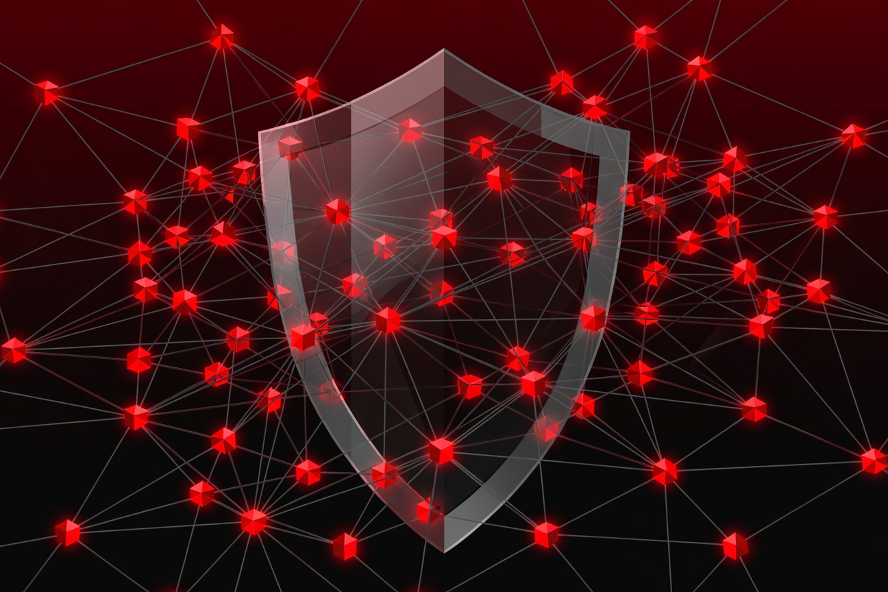 A tangled web of glowing connections representing AI agents and non-human identities secured by a digital shield