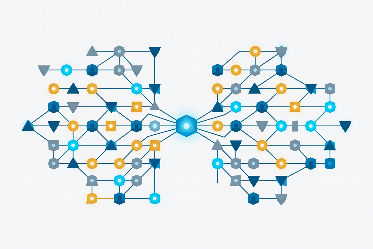 Interconnected network nodes and glowing control pathways representing unified human-AI enterprise infrastructure management