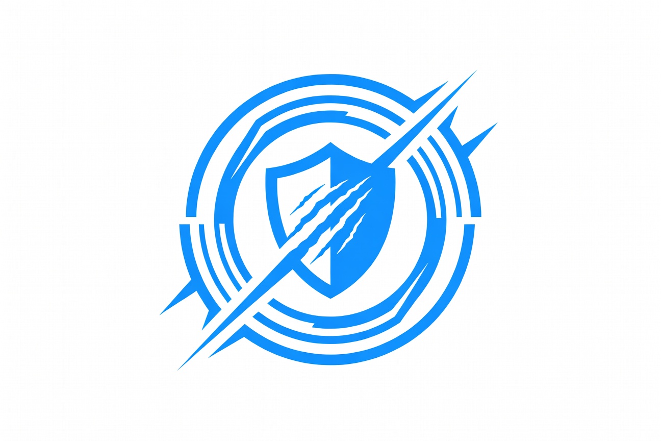 A geometric shield composed of interlocking polygons with subtle circuit patterns, floating against a dark blue gradient