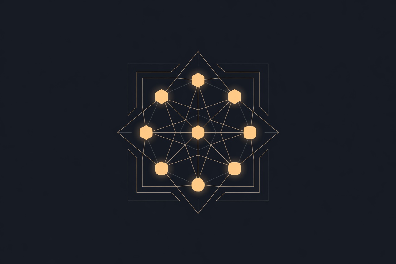 Abstract architectural blueprint with eight glowing nodes arranged in a circular pattern, connected by geometric lines on a dark background