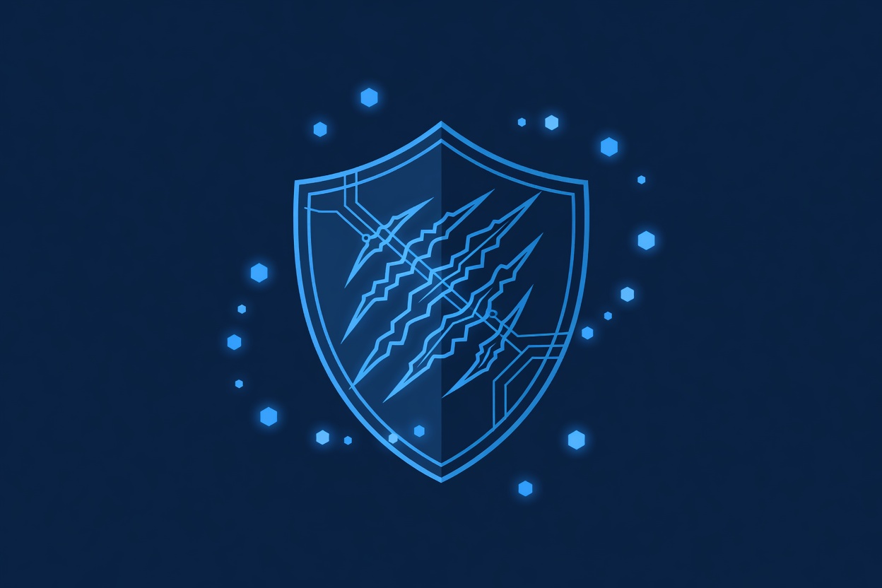 A glowing claw-shaped shield icon surrounded by interconnected lock nodes on a dark grid, symbolizing layered agent security