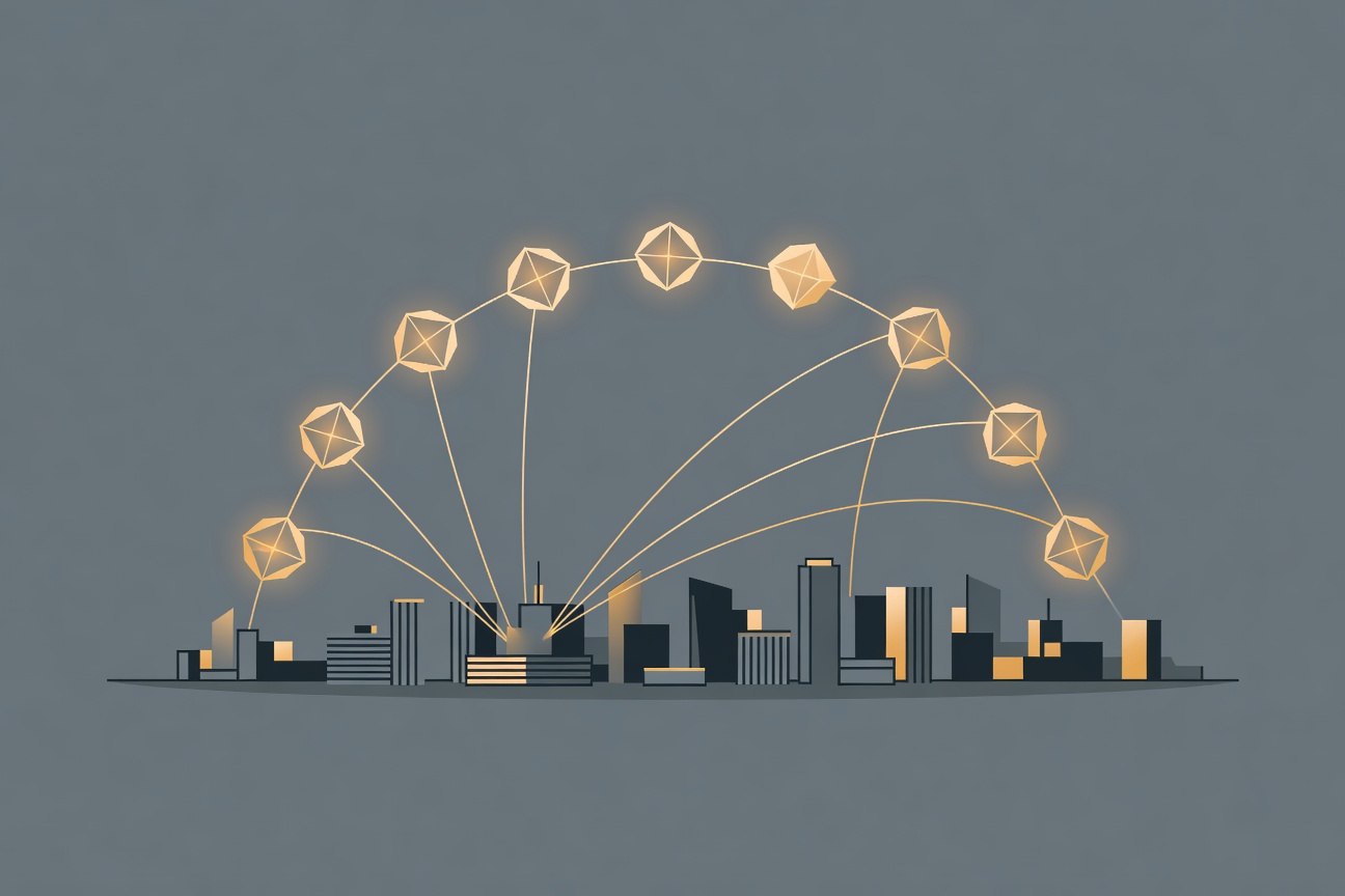 An abstract arc of interconnected glowing nodes above a stylized city skyline at night, representing agentic AI flowing through a financial institution