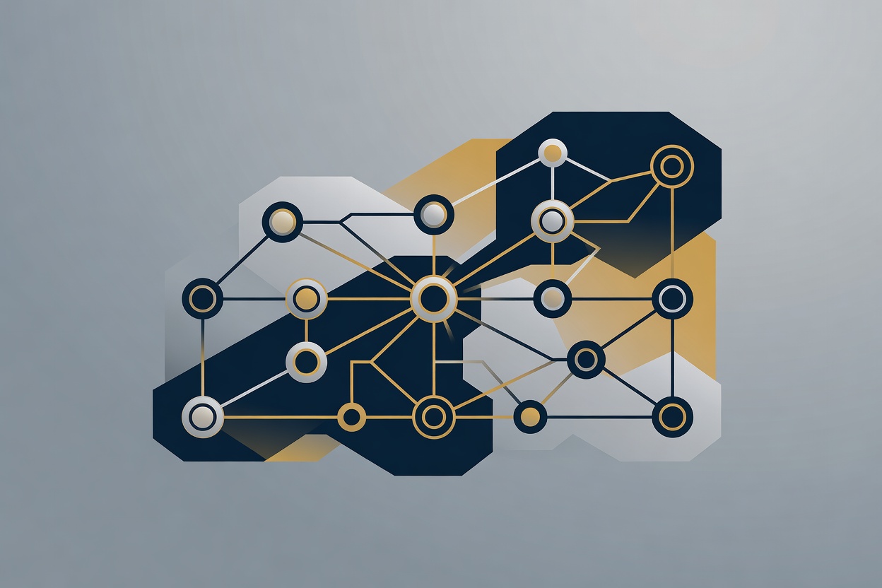 An abstract enterprise control panel dashboard with glowing interconnected nodes representing AI agent traffic flows, in dark blue and silver tones with gold accent lines