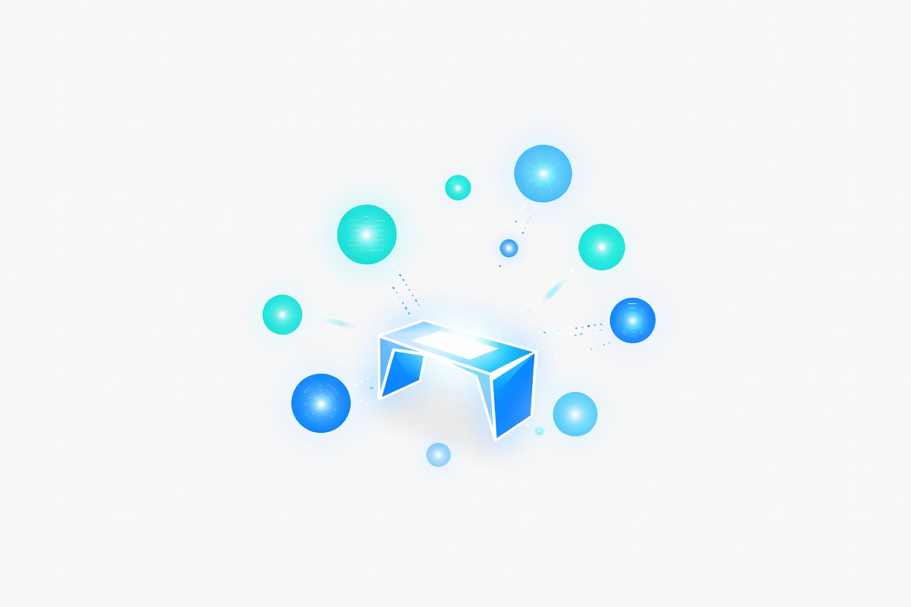 Nine glowing orbs arranged like a team around a central desk, each representing an autonomous AI assistant managing different workflows