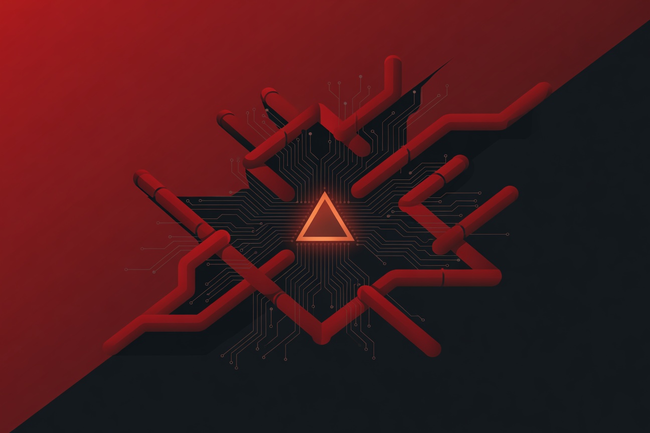 Abstract dark red network of industrial pipes and circuit traces with a warning symbol glowing at the center