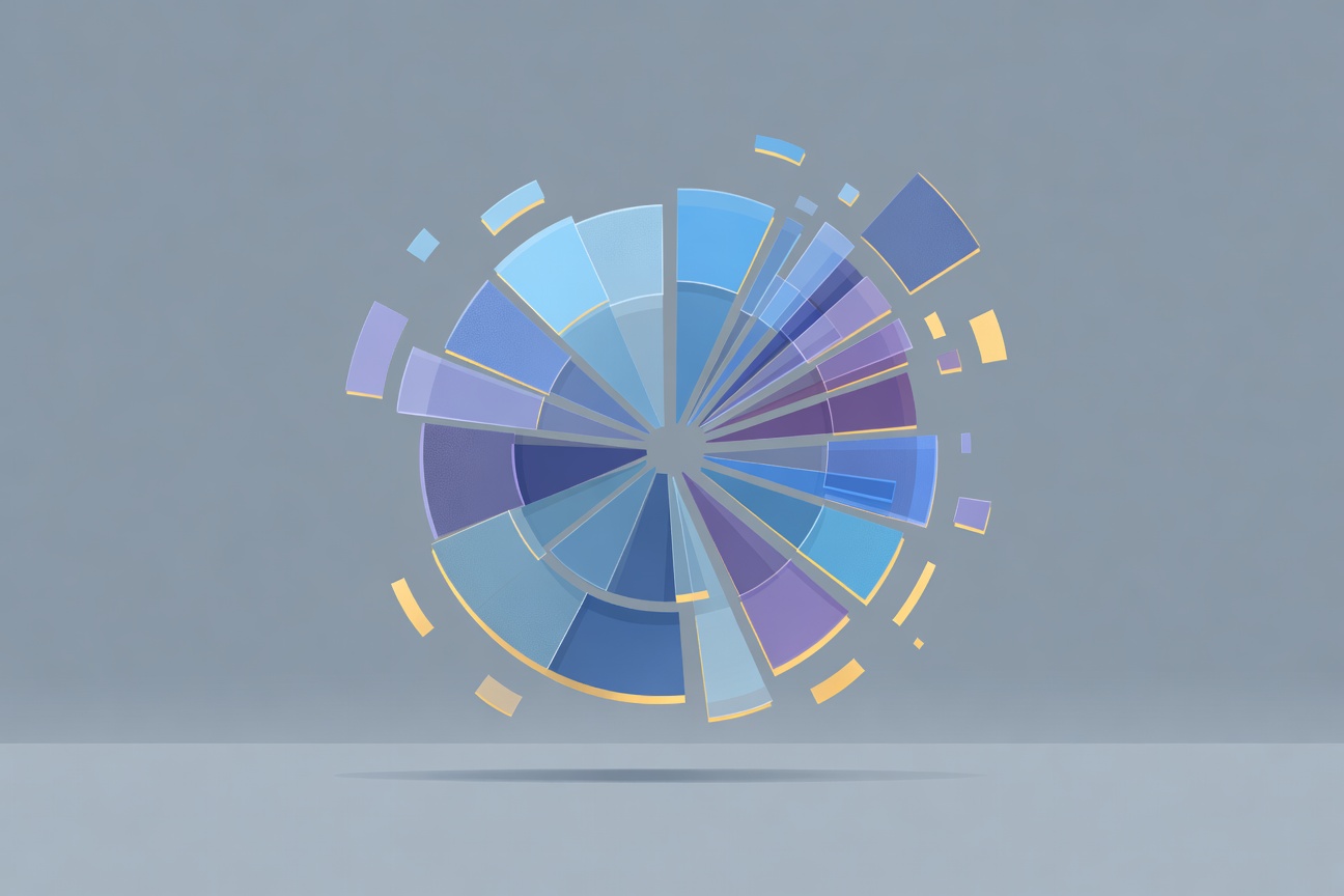 Abstract pie chart breaking apart into floating geometric segments, each segment a different translucent color representing cost categories