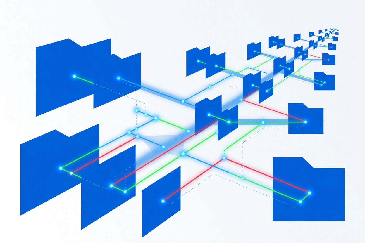 An abstract diagram of permission gates and nested directory trees, with glowing access control nodes connected by dotted lines in a dark technical blueprint style