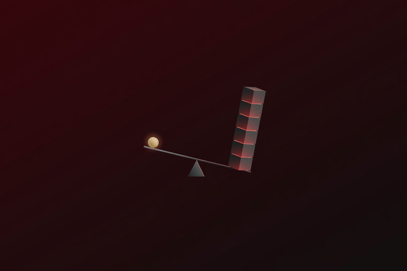 Abstract scale with a small golden coin on one side and a towering stack of glowing server cubes on the other, floating in dark space