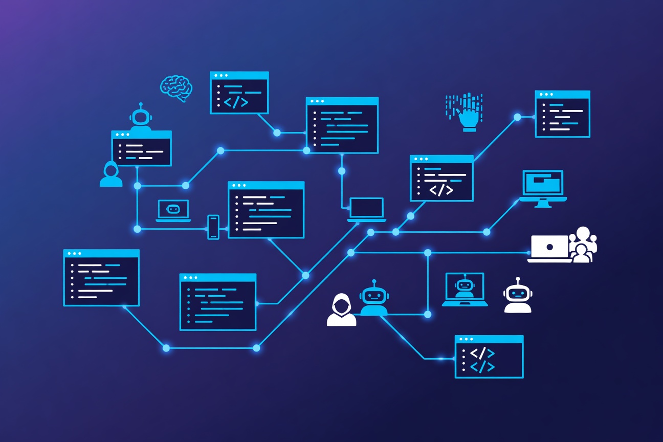 Abstract terminal window shapes and branching code paths in a dark blue-purple gradient with glowing node connections