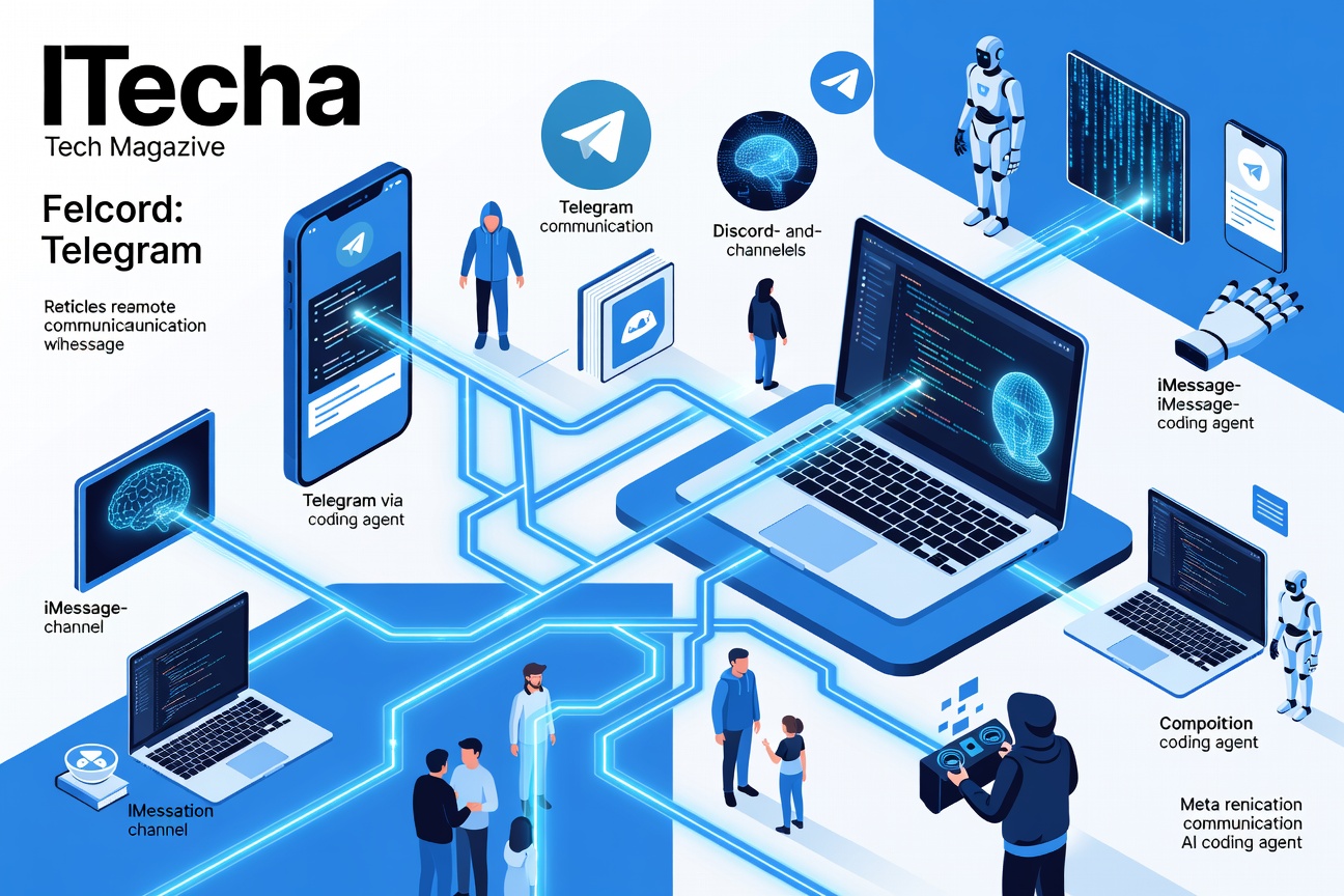 A smartphone floating in digital space, connected by glowing message threads to a laptop running code — symbolizing remote AI agent communication