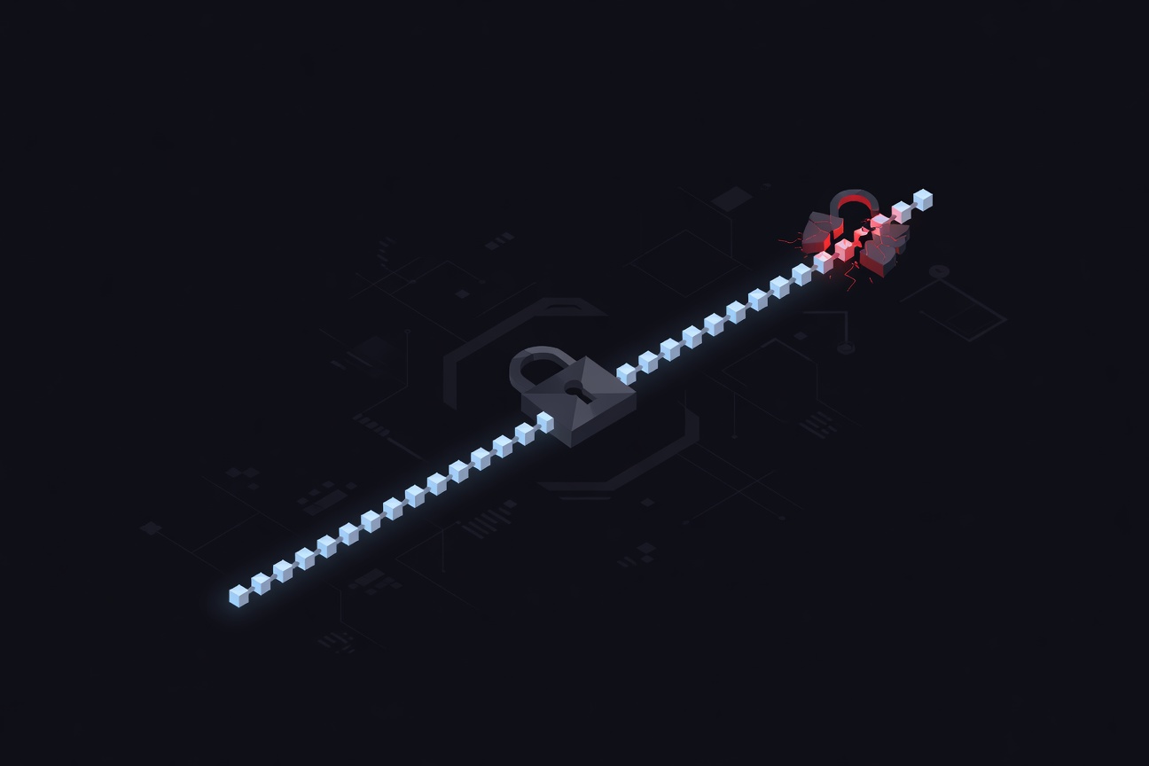 Abstract digital lock with a chain of 50 nodes leading to a fractured open padlock, representing a security bypass threshold in a dark cyber-space setting