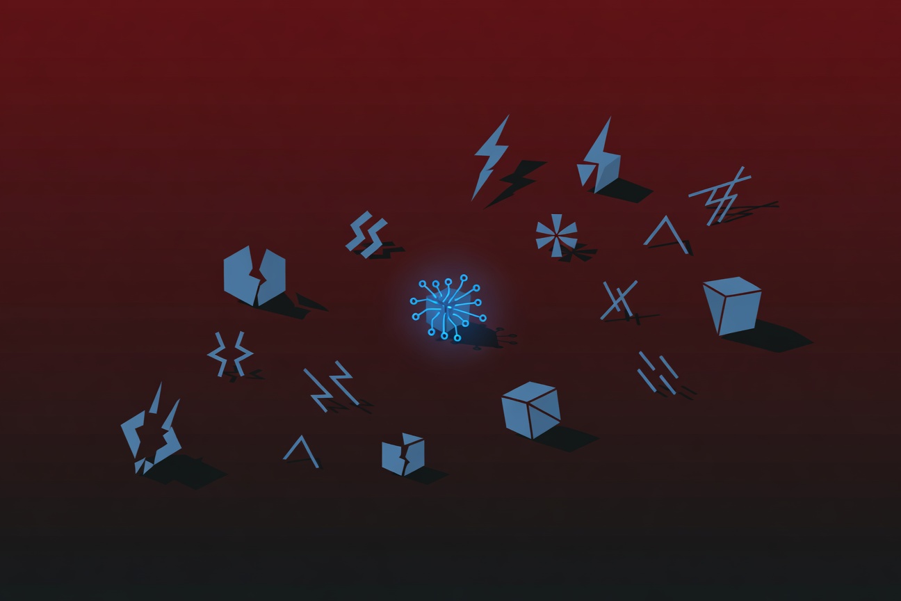 A once-bright circuit node flickering and dimming, surrounded by frustrated geometric error symbols, muted blues and grays, abstract technical malaise