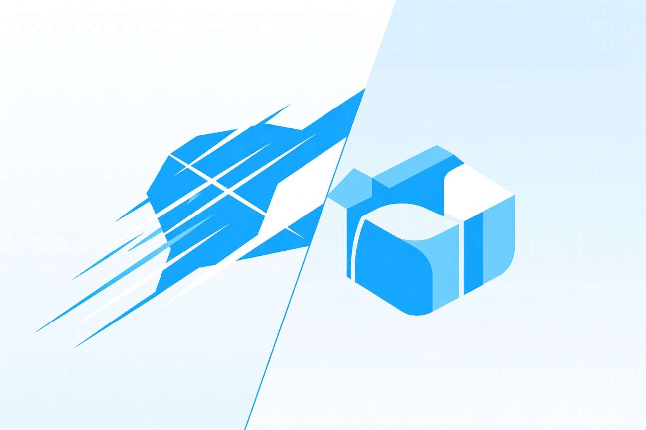 Two abstract geometric shapes on a minimalist background — one active and building, one observing and measuring