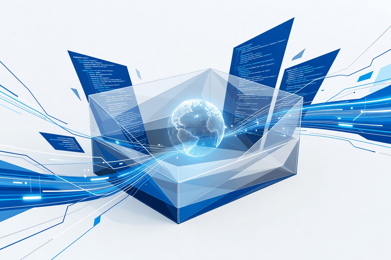 A sleek sandbox container with a glowing web globe hovering inside it, surrounded by abstract code fragments, set against a deep teal background