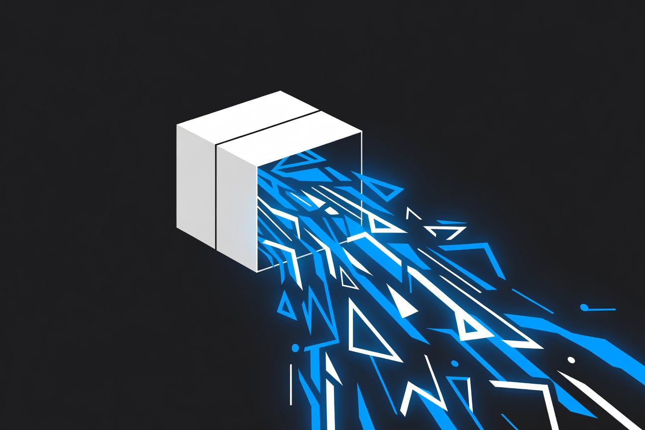 Abstract glowing code fragments spilling from a sealed box into darkness, digital light trails