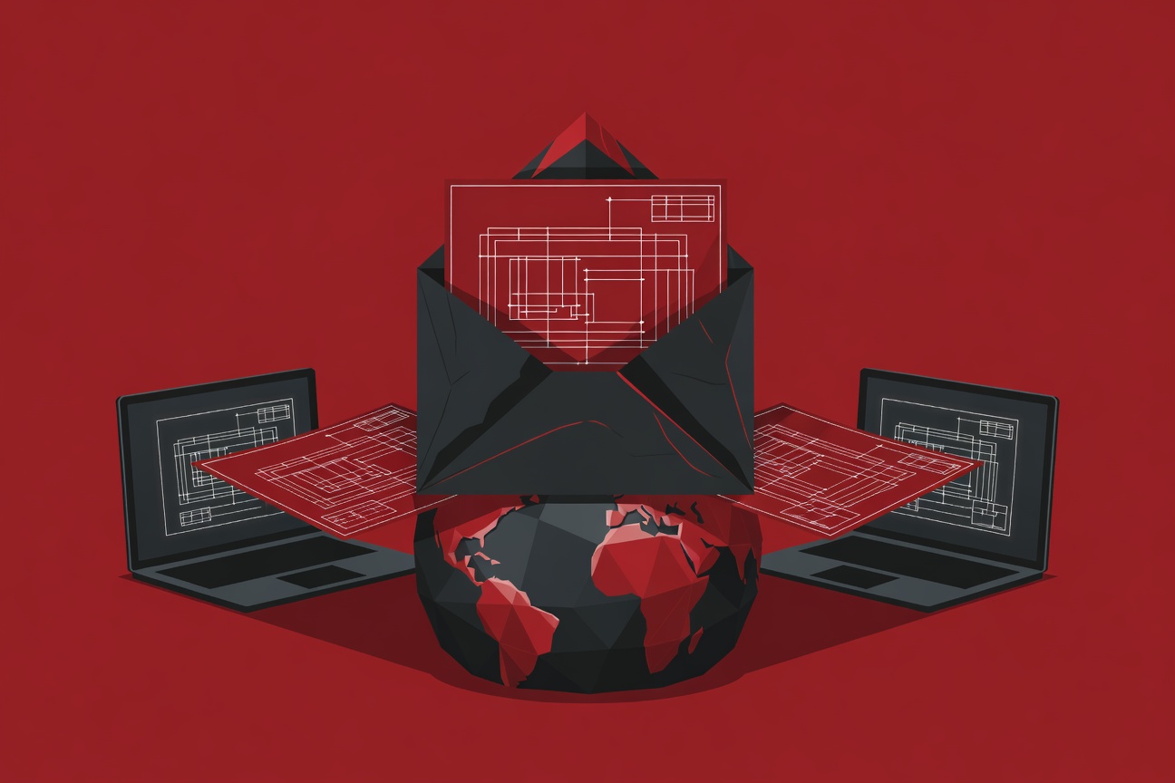 A sealed document labeled 'proprietary' unfolding into blueprints visible on two separate monitors on opposite sides of the globe