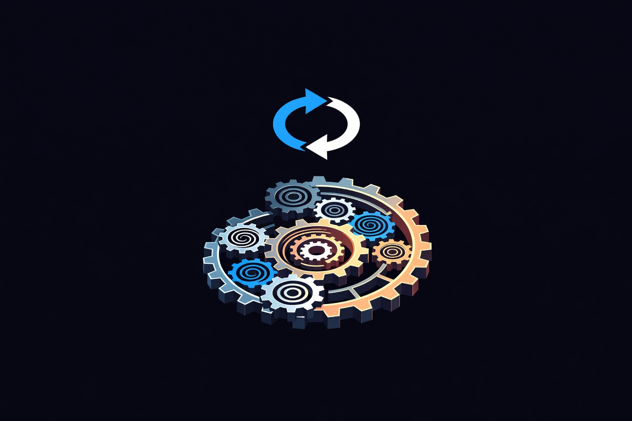 A spiral gear mechanism running autonomously inside a dark server room, glowing with orange light