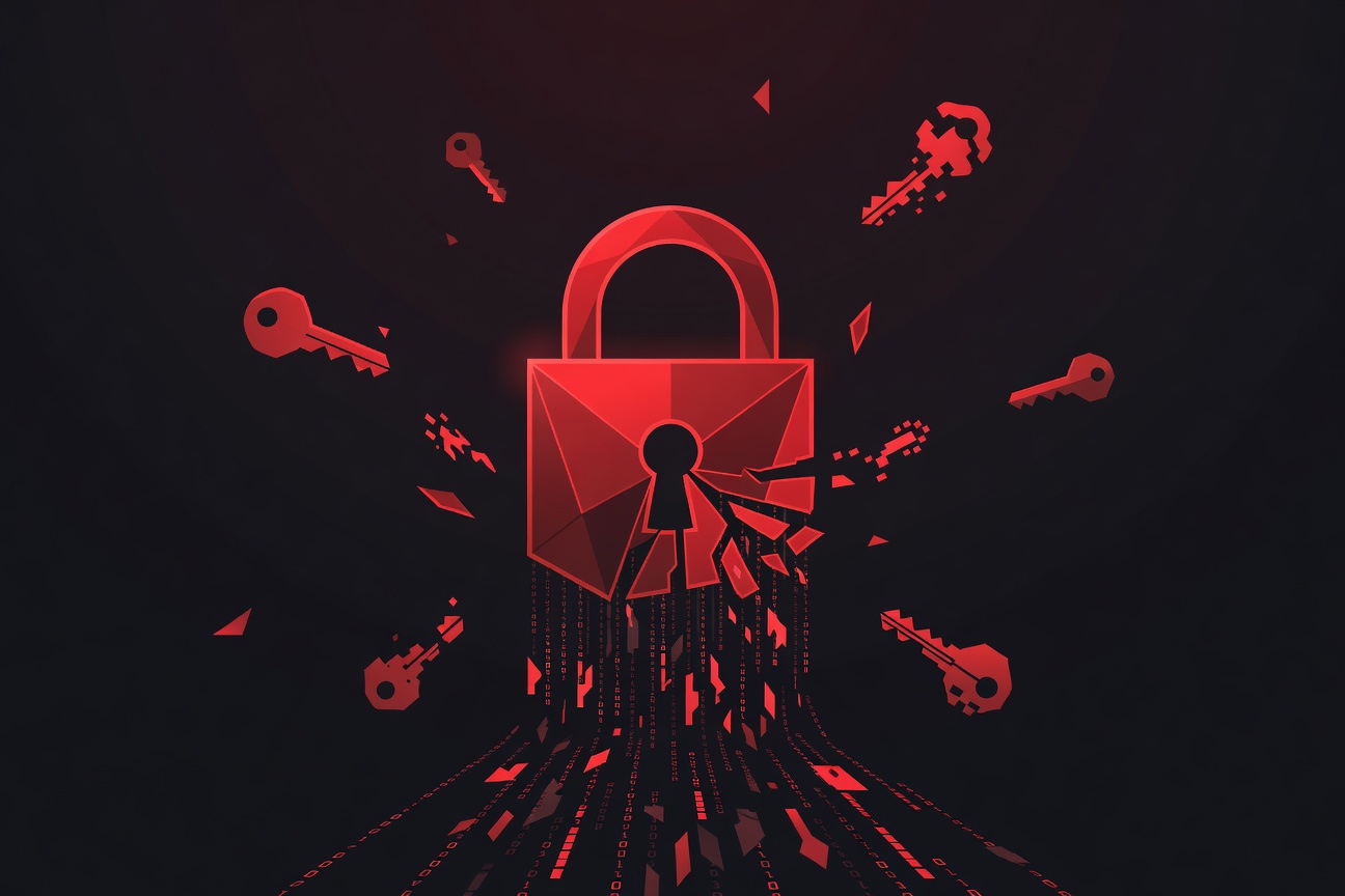 Abstract padlock dissolving into streams of code cascading downward against a dark background