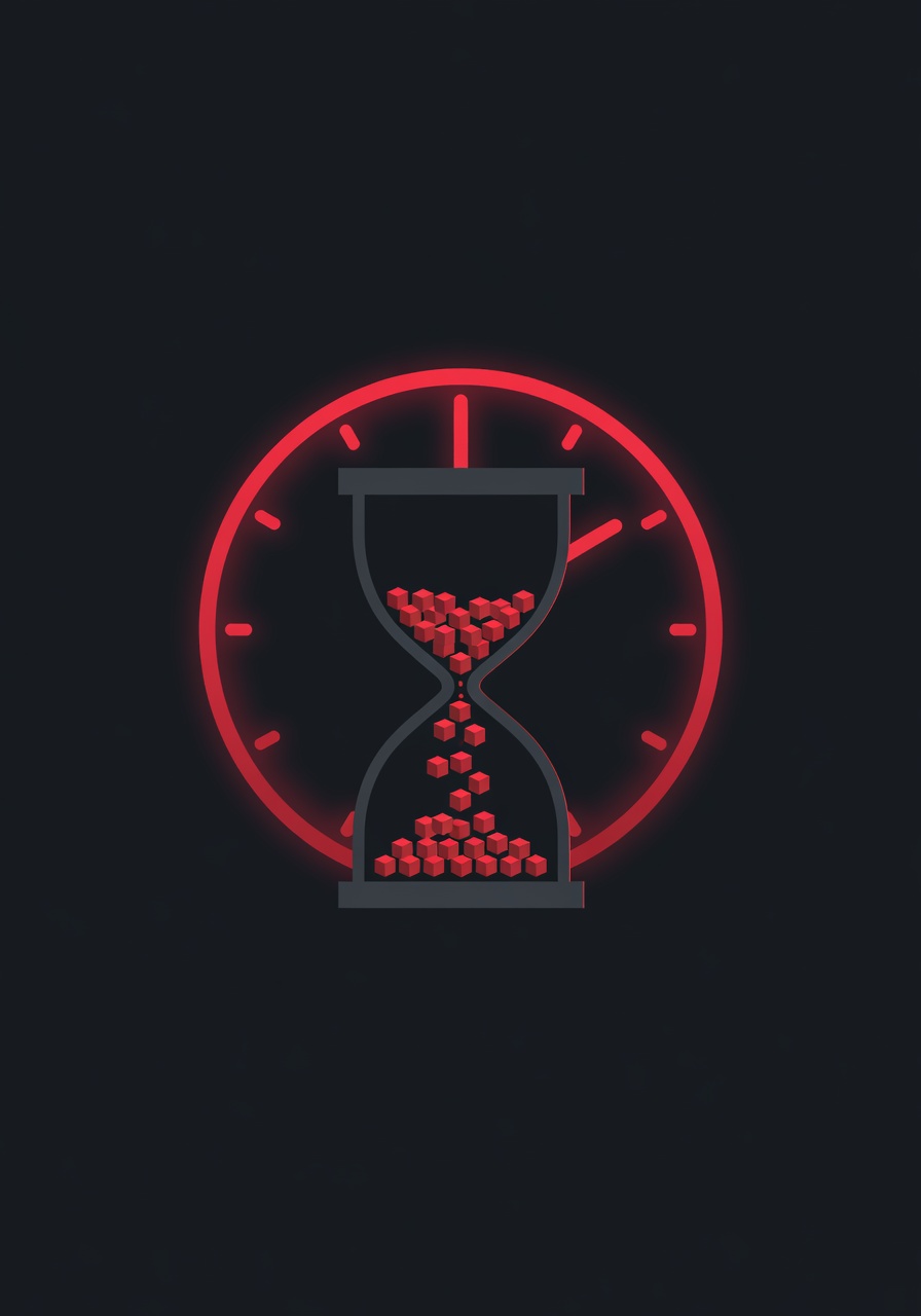 An hourglass with digital tokens draining rapidly, surrounded by a glowing clock showing peak hours, dark teal and amber color scheme