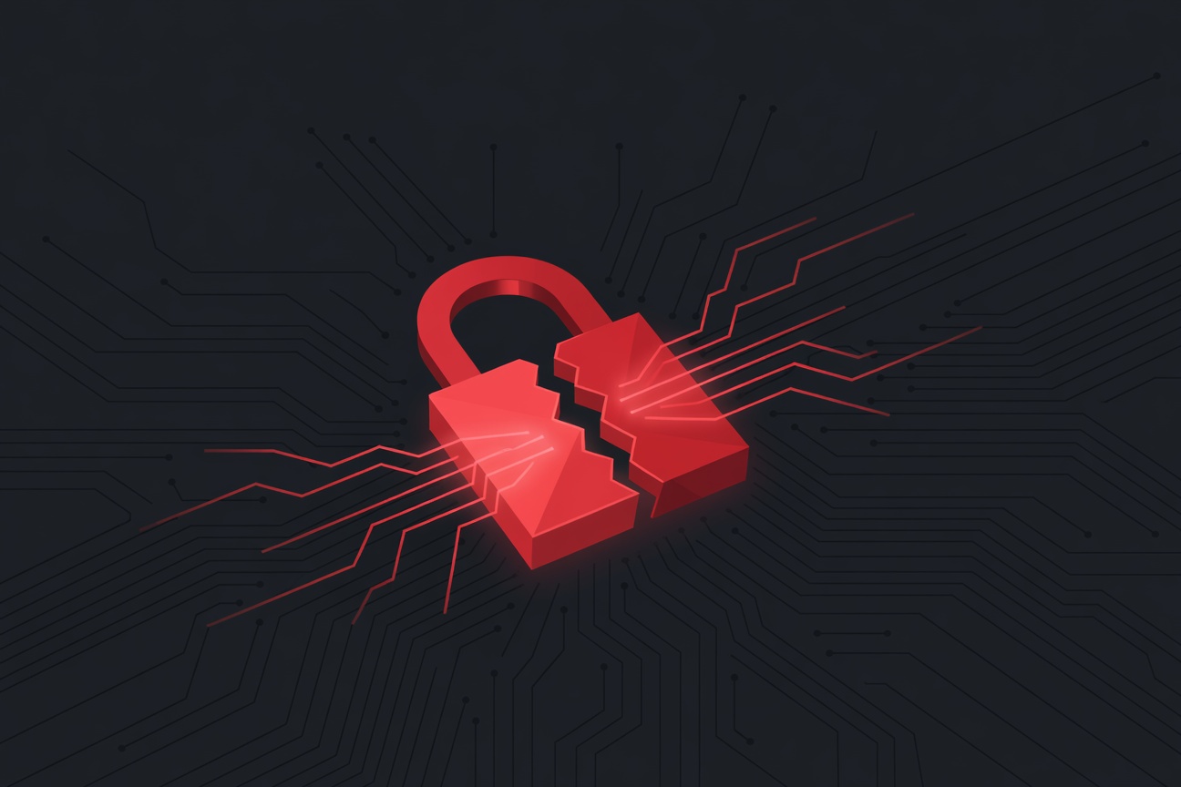 A glowing red padlock cracking open against a dark digital circuit board background, with data streams escaping through the gap