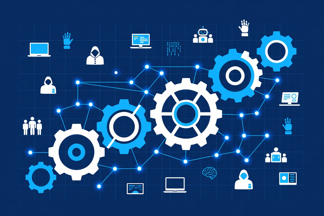 Abstract clockwork gears meshing with glowing node connections on a dark blue grid background, flat vector