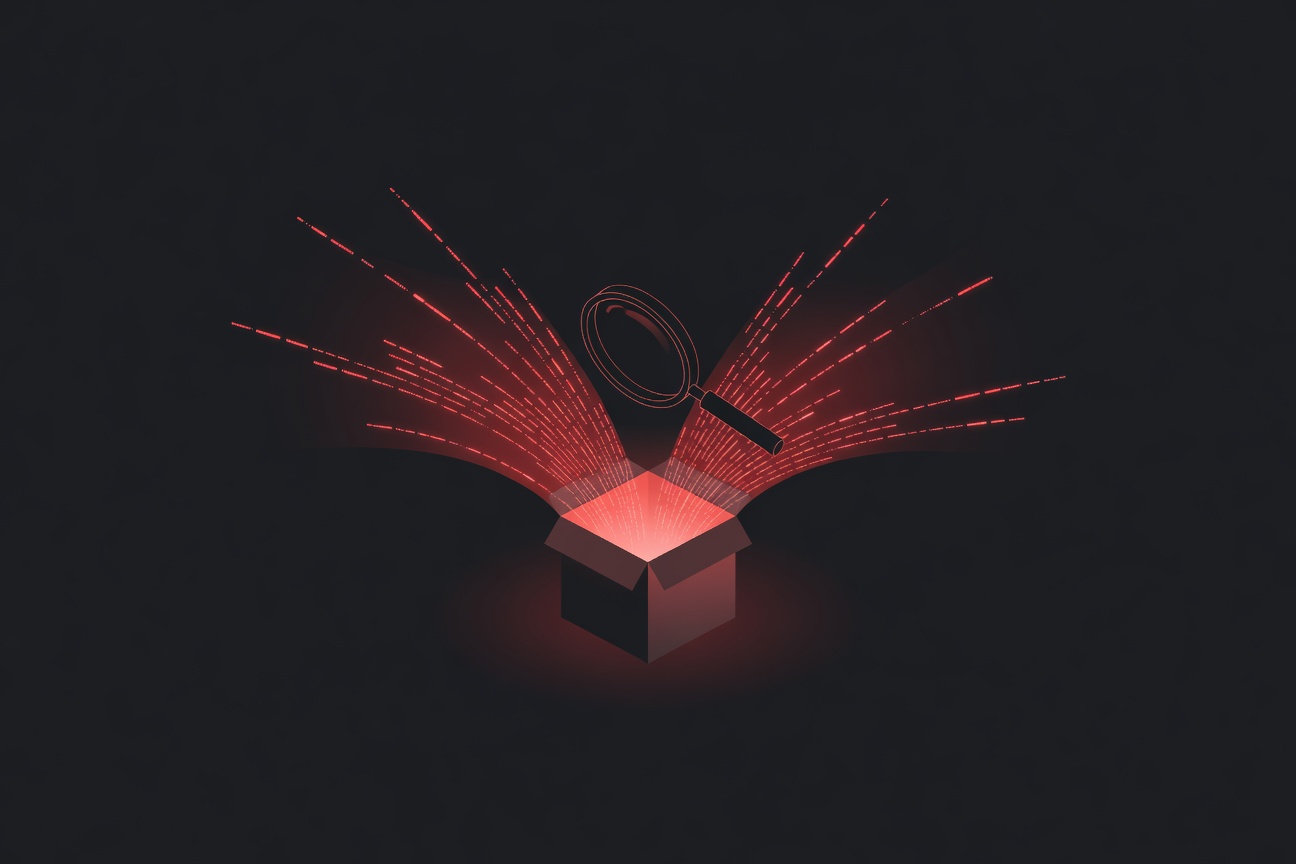 A magnifying glass hovering over a glowing npm package box with code spilling out as light beams