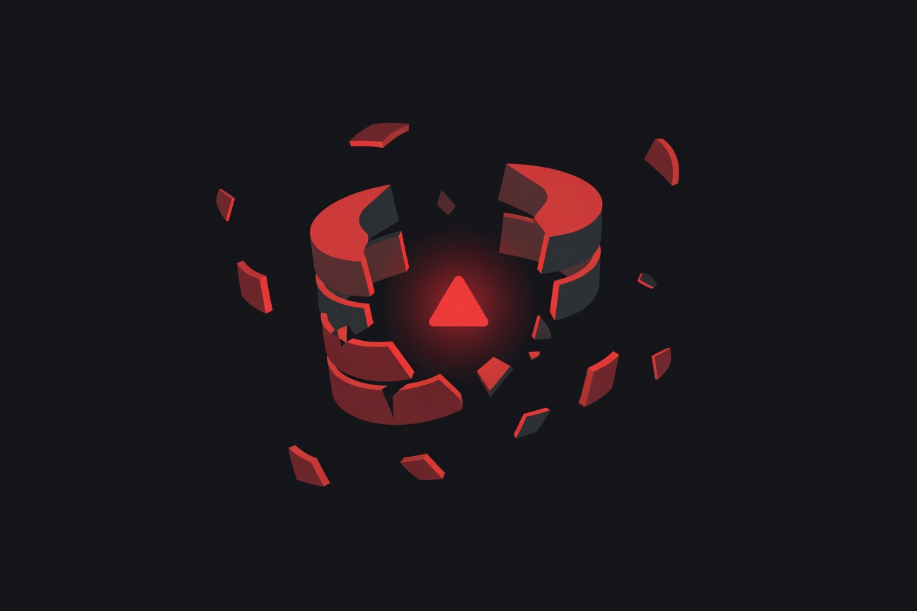 A shattered database cylinder with fragments floating in a dark digital void, a single red warning icon glowing in the center