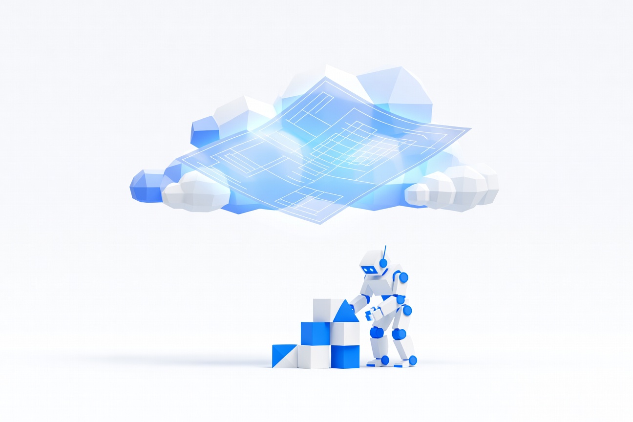 A glowing blueprint unfolding in the clouds while a robot continues building below, minimal 3D illustration