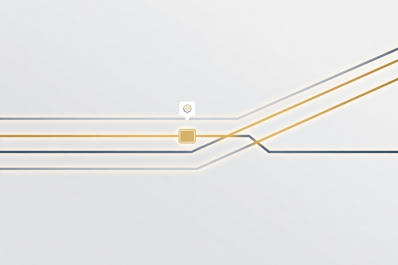 Abstract pipeline diagram with glowing nodes and a highlighted pause indicator showing a blocked dependency