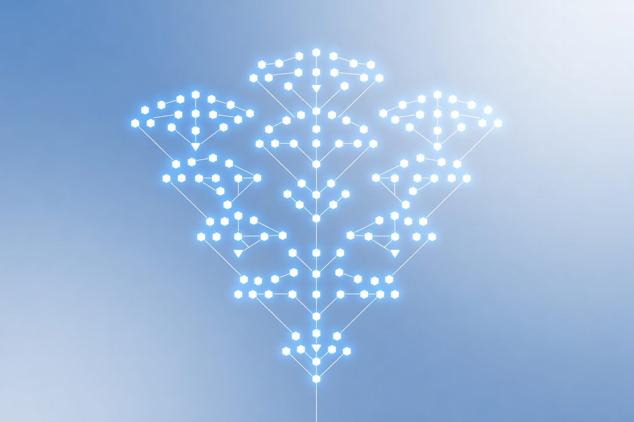 Abstract tree branching five levels deep with glowing nodes at each level, representing nested AI sub-agent hierarchies