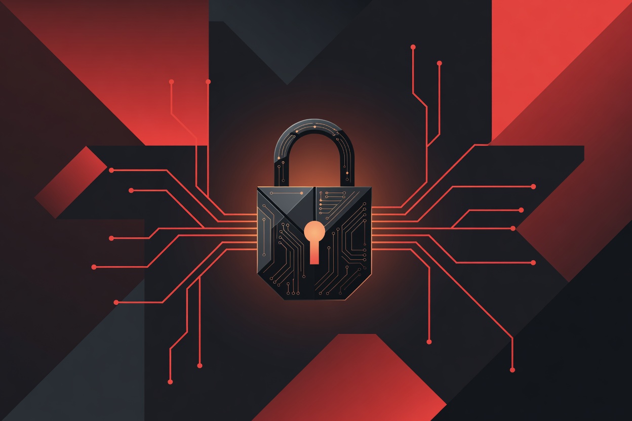 A digital padlock on a glowing circuit board with branching model pathways, symbolizing enterprise AI governance and model lockdown