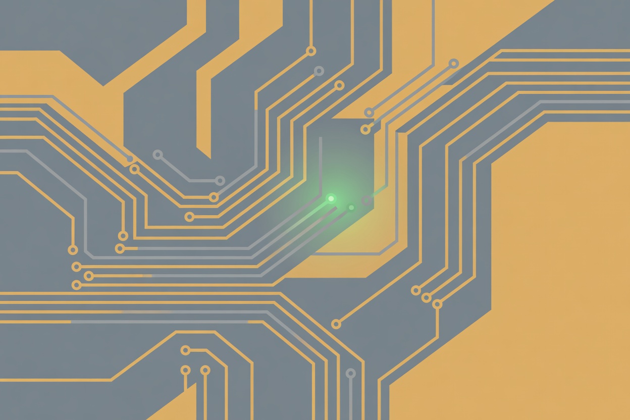 A circuit diagram with a single corrected connection glowing green amid otherwise grey pathways, representing a targeted bug fix in an AI system