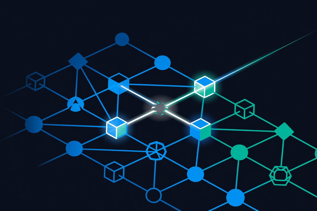 Abstract glowing network of connected nodes recovering from a broken link, blue and teal palette