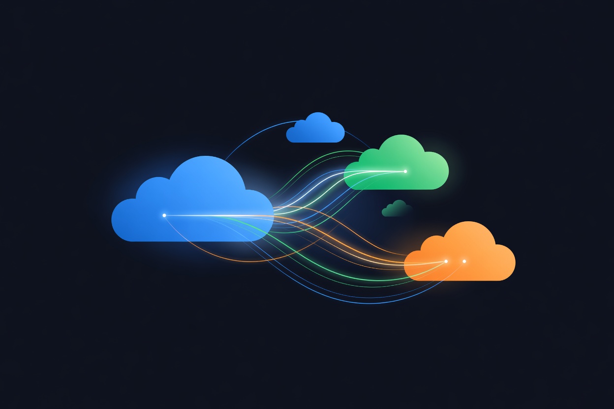 Abstract cloud shapes merging with glowing circuit pathways, representing AI agent automation on cloud platforms
