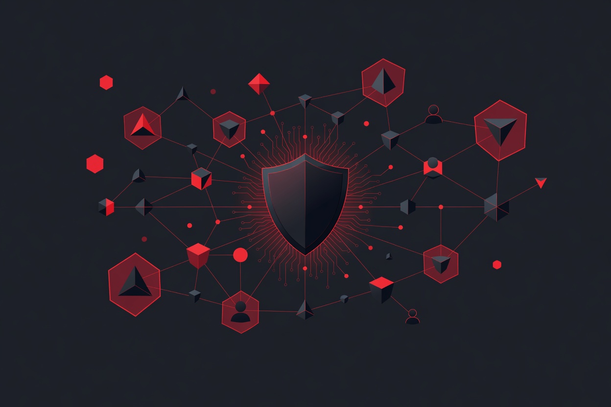 Abstract digital shield with glowing circuit patterns protecting a network of interconnected nodes