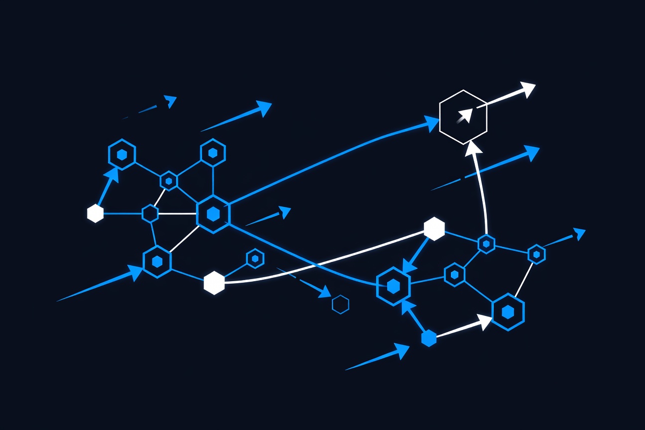 Abstract network of webhooks and JSON payloads flowing between interconnected agent nodes