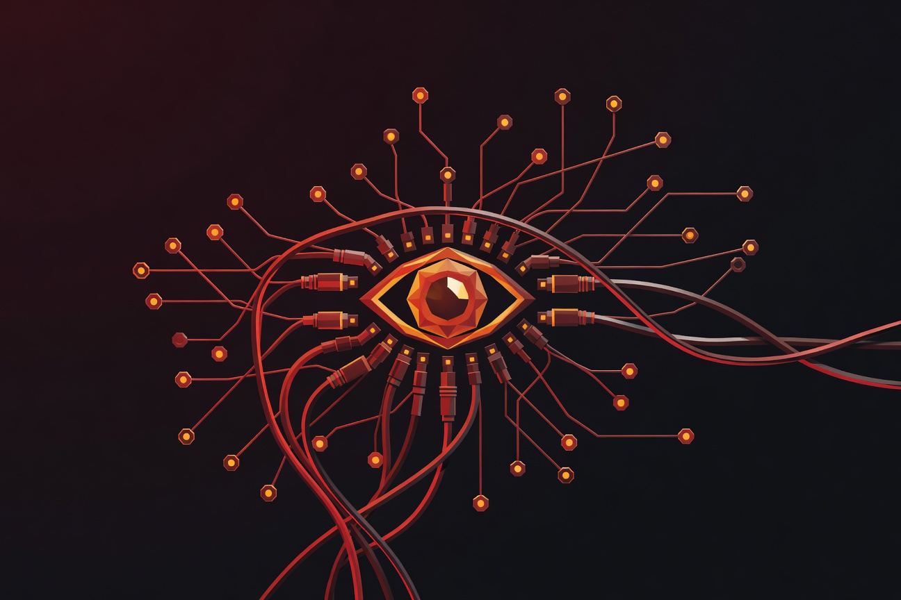 Abstract surveillance eye embedded in tangled plugin connector cables against a dark circuit board background