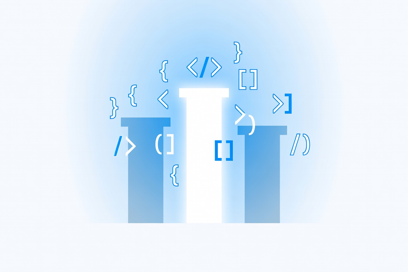 Abstract podium with glowing first-place trophy surrounded by receding code columns and competing crowns fading into the background, representing market dominance in AI coding