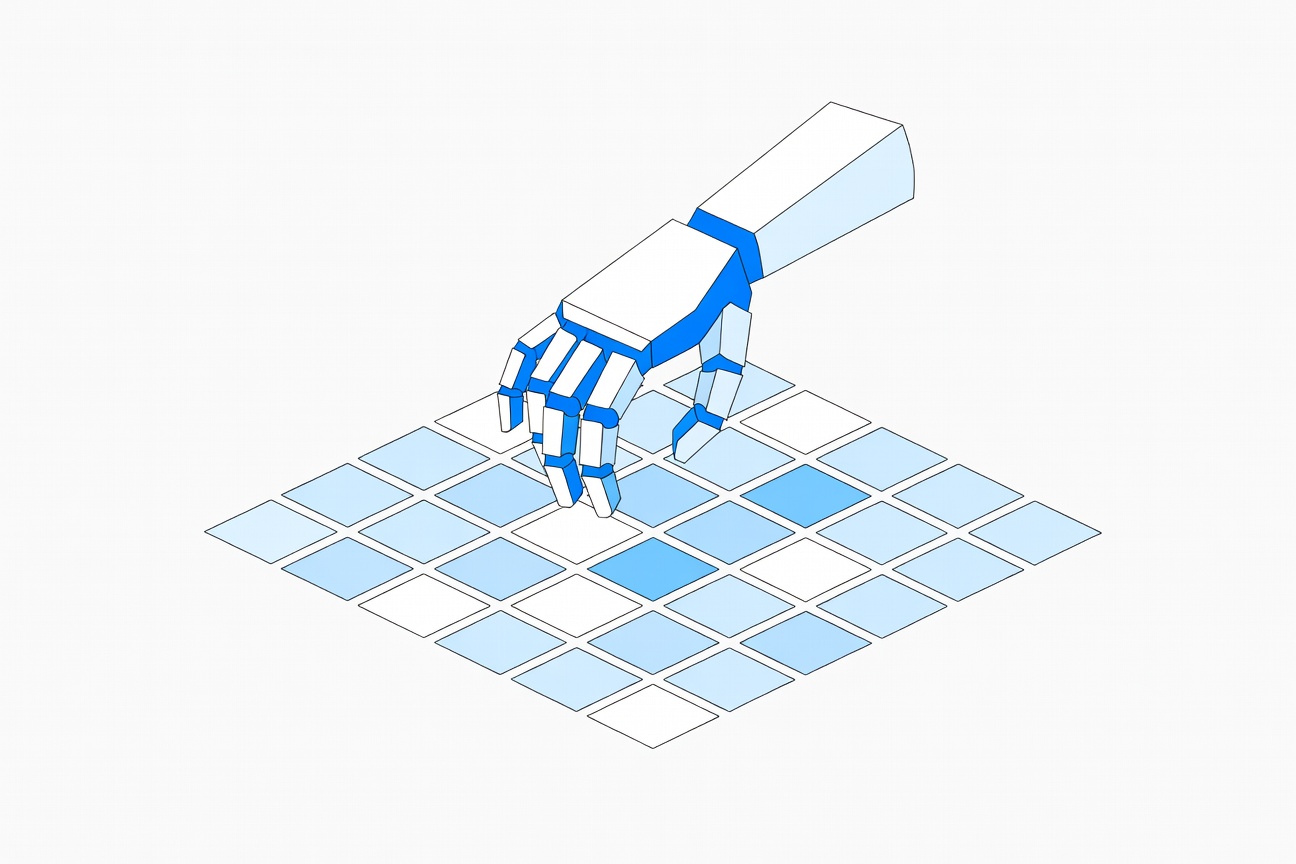 A glowing robotic arm hovering above a Windows-style desktop grid, reaching toward abstract application icons