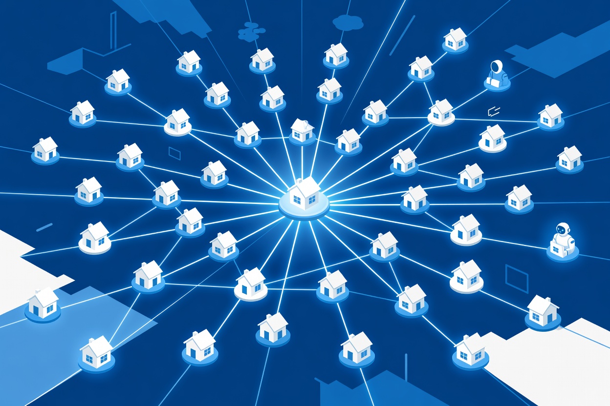A network of glowing nodes connecting to community buildings and nonprofit symbols, representing AI reaching underserved communities