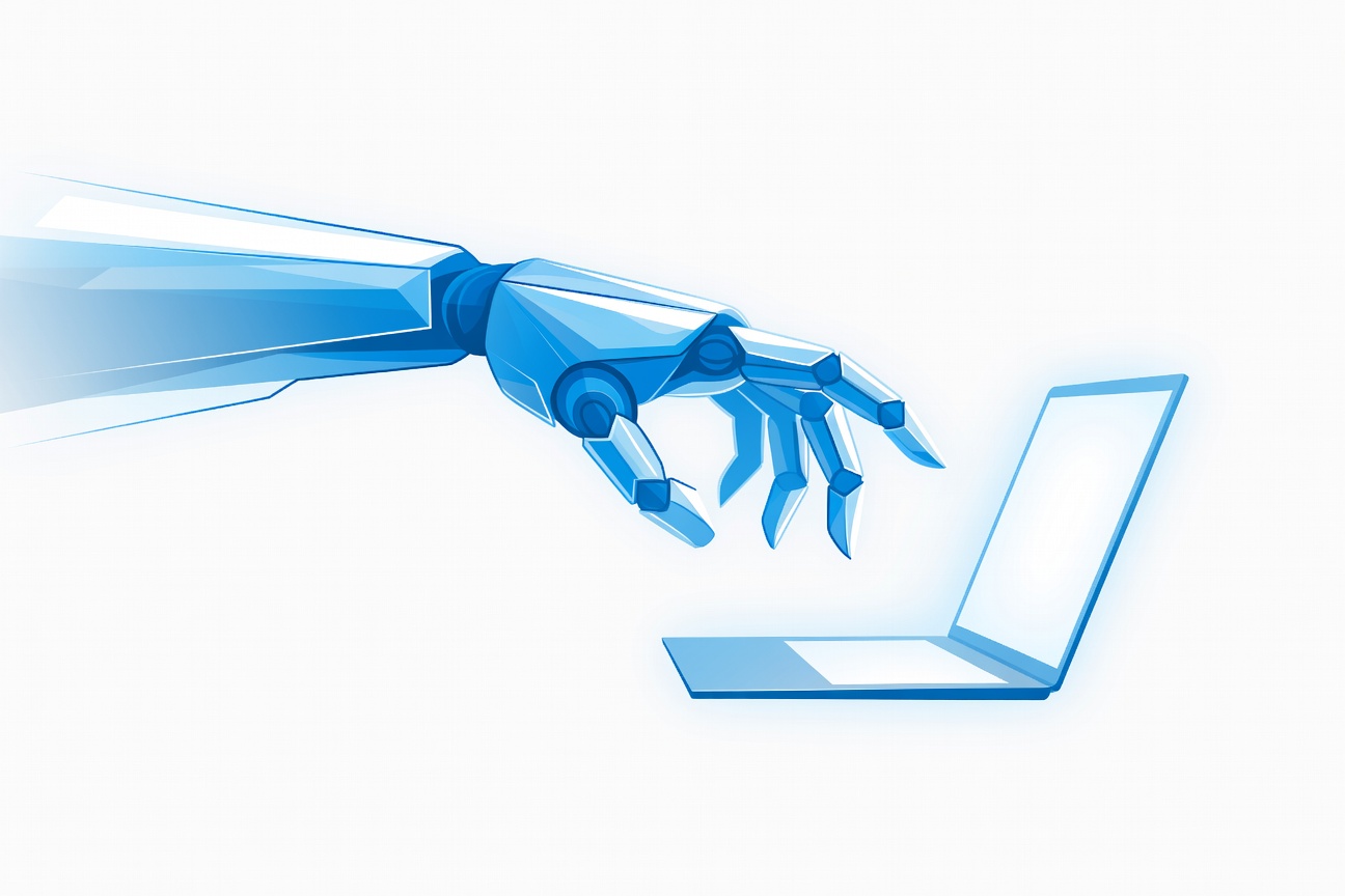 A robotic arm reaching toward an illuminated laptop screen in a minimal, dark workspace