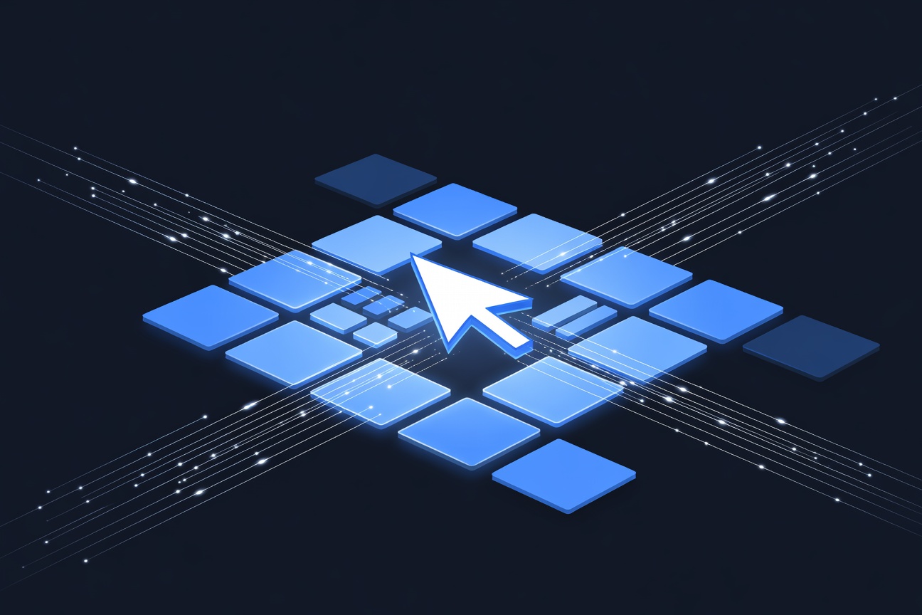 A sleek abstract dashboard with flowing data streams and a cursor navigating between glowing application windows on a dark background