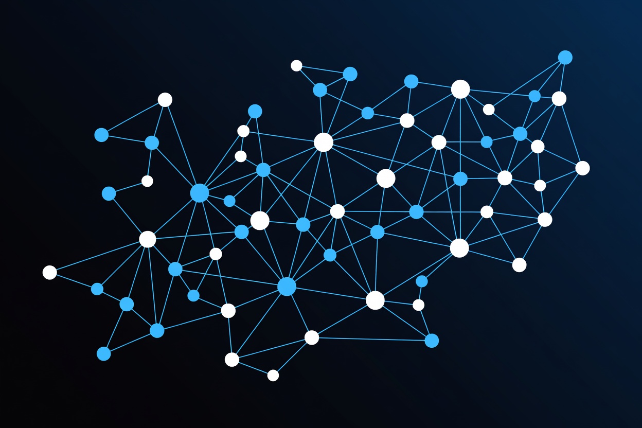 Abstract interconnected nodes in blue and white forming a constellation-like mesh, representing cross-platform AI workflow synchronization across devices and cloud services