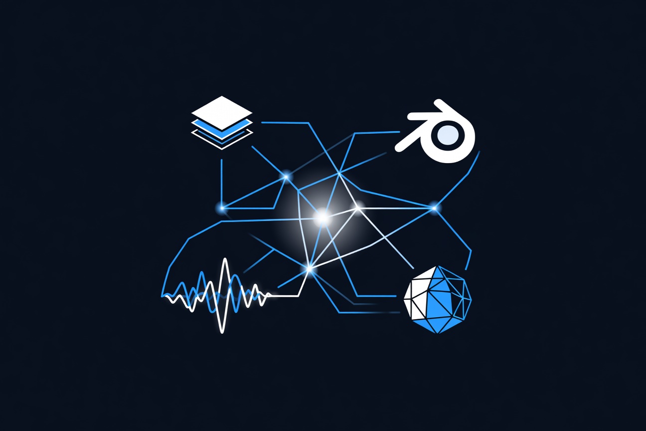 A glowing neural network node branching into icons representing Photoshop, Blender, and Ableton, interconnected against a dark creative studio background