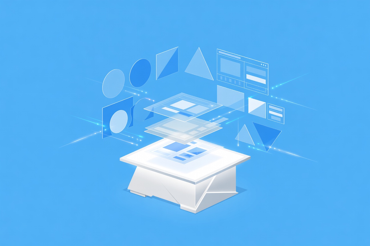 A luminous drafting table with layered translucent design mockups floating above it, geometric shapes assembling into a polished interface