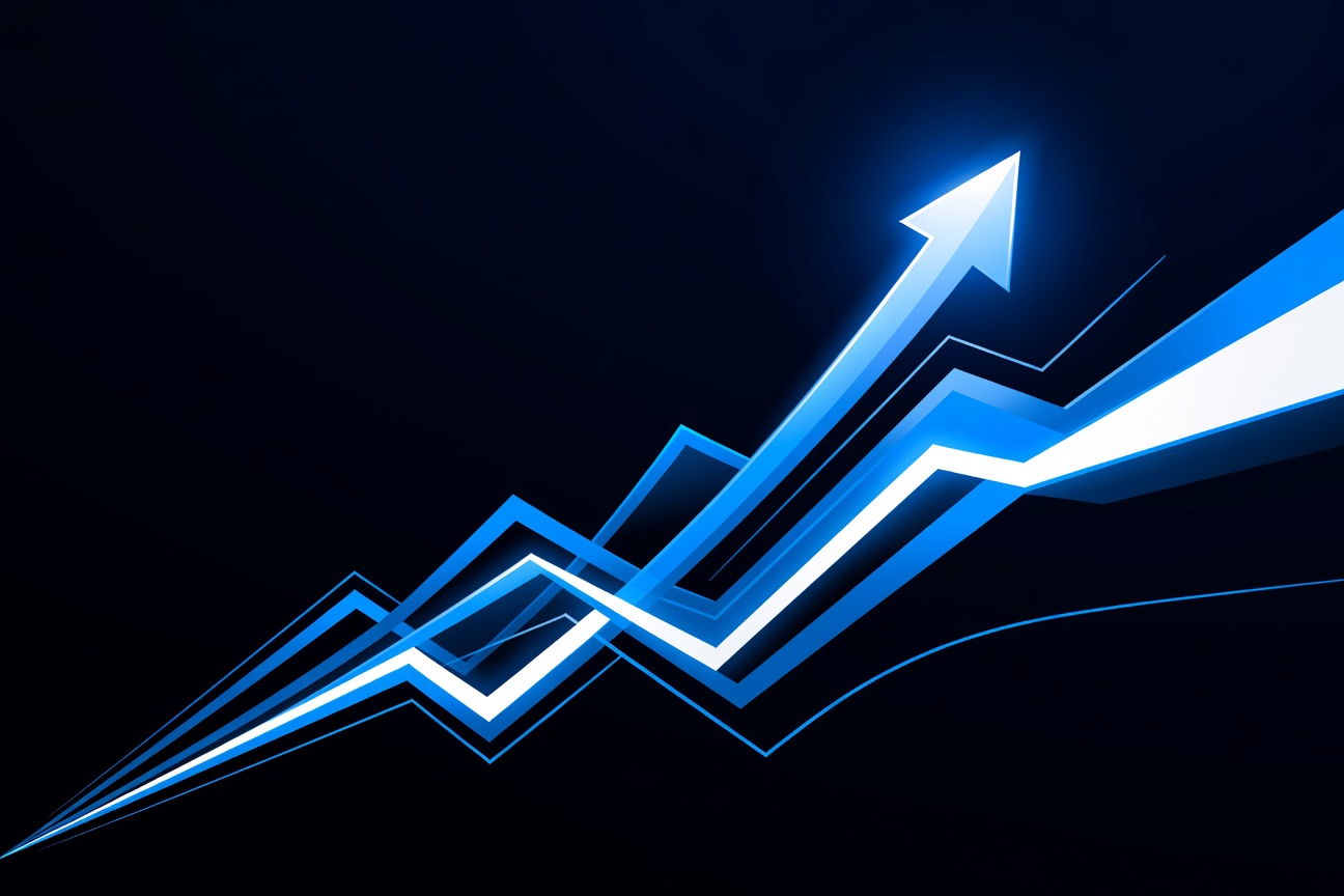 An abstract upward-trending graph made of glowing lines on a dark background, with a single bright point cresting above all others