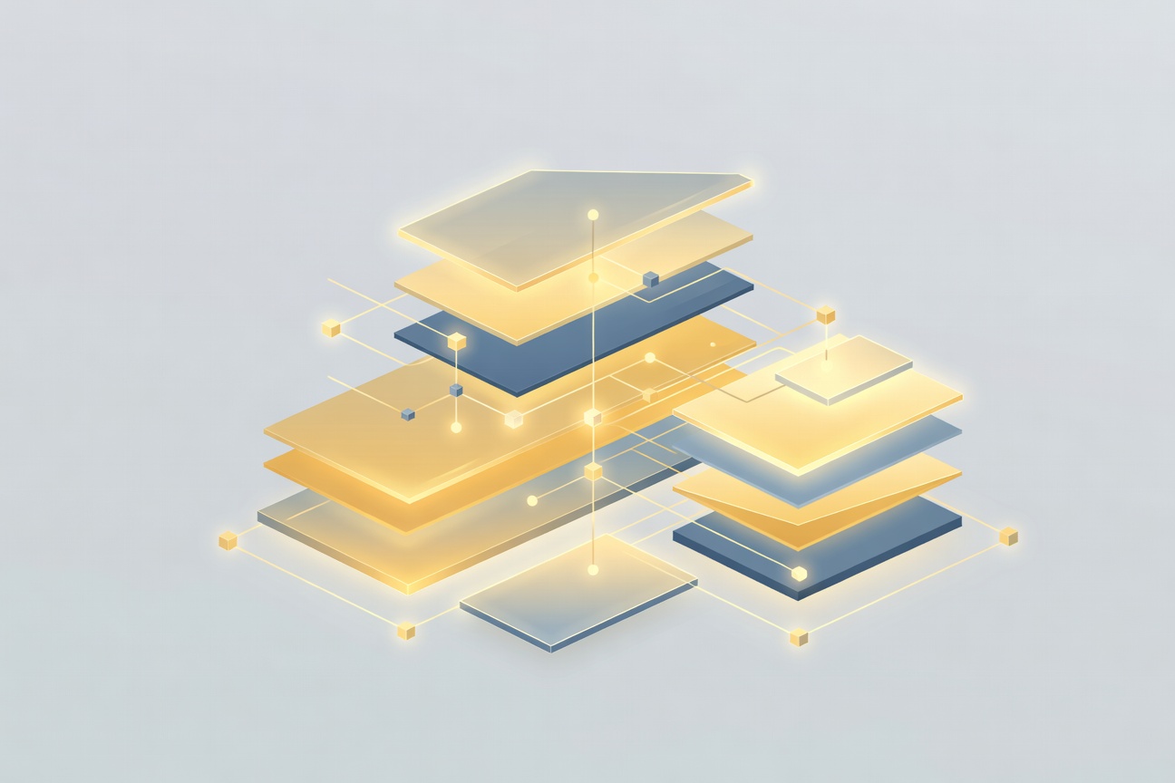 An abstract layered diagram showing stacked control planes with glowing connection nodes representing agent orchestration infrastructure