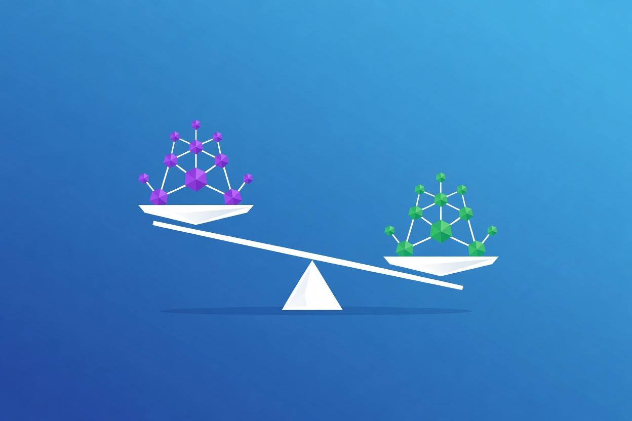 An abstract balance scale tipping in favor of a purple neural node cluster, overtaking a green cluster on the other side, set against a corporate blue background