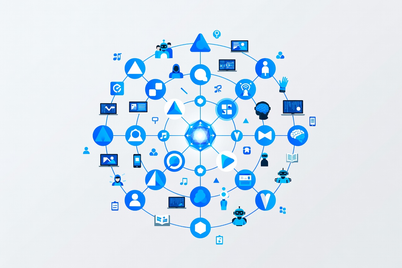 Colorful abstract app icons orbiting a glowing central node, representing AI connecting to multiple consumer services