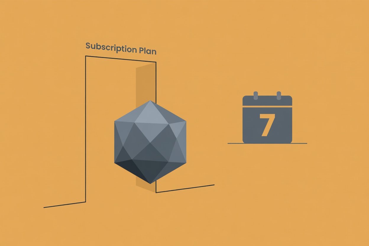 A sleek AI model icon departing through a door labeled 'Subscription', with a credit meter visible in the background